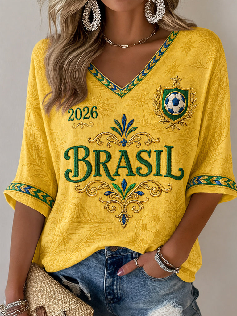 Regalo para mujeres aficionadas al fútbol: camiseta informal de media manga con cuello en V y estampado