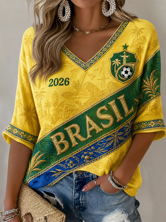 Regalo para mujeres aficionadas al fútbol: camiseta informal de media manga con cuello en V y estampado