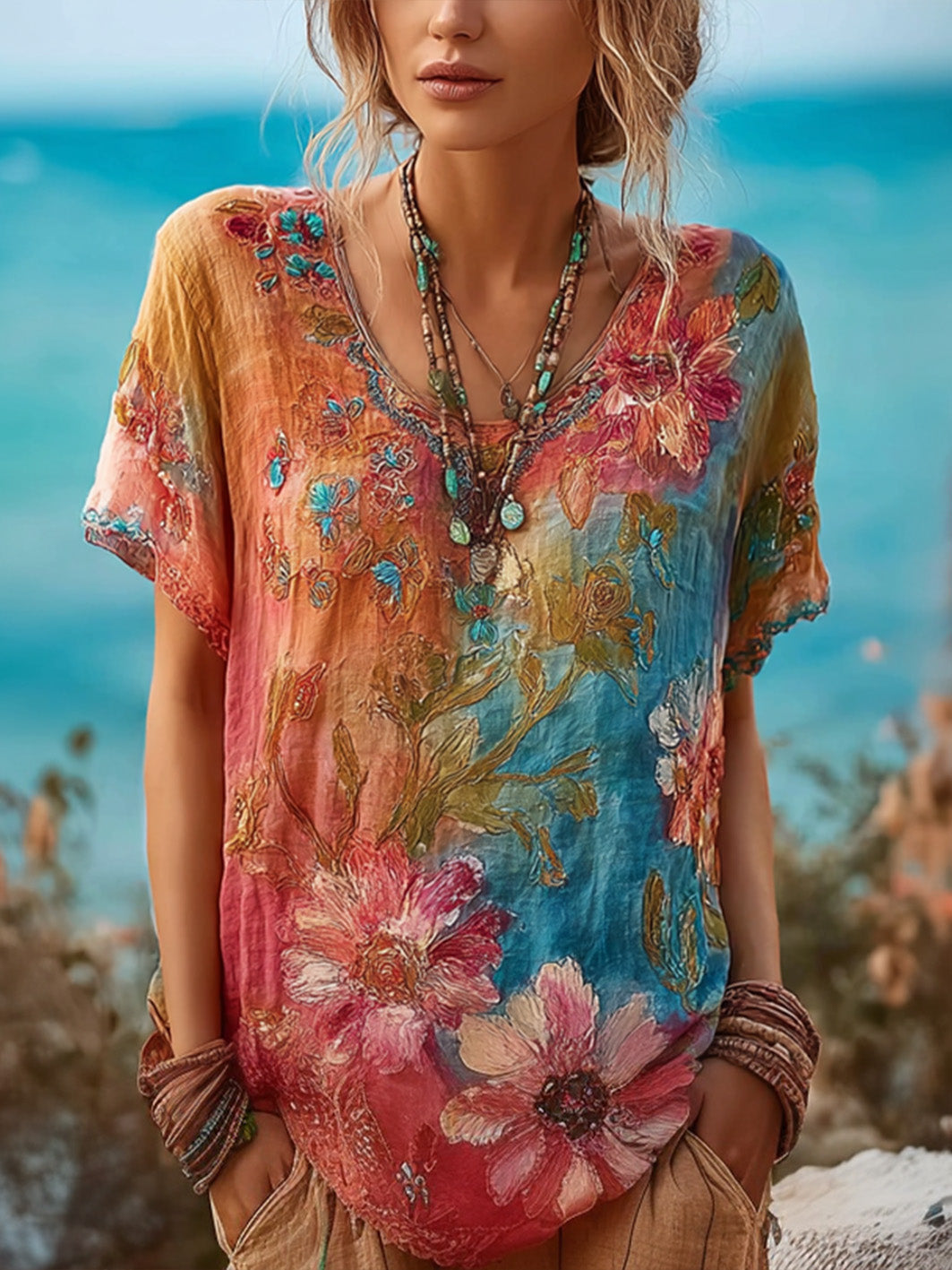 Camiseta de manga corta de vacaciones y ocio de estilo de pintura al óleo para mujer