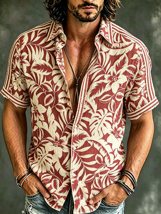 Camisa de manga corta de lino casual impresa flor de planta de estilo de vacaciones para hombres