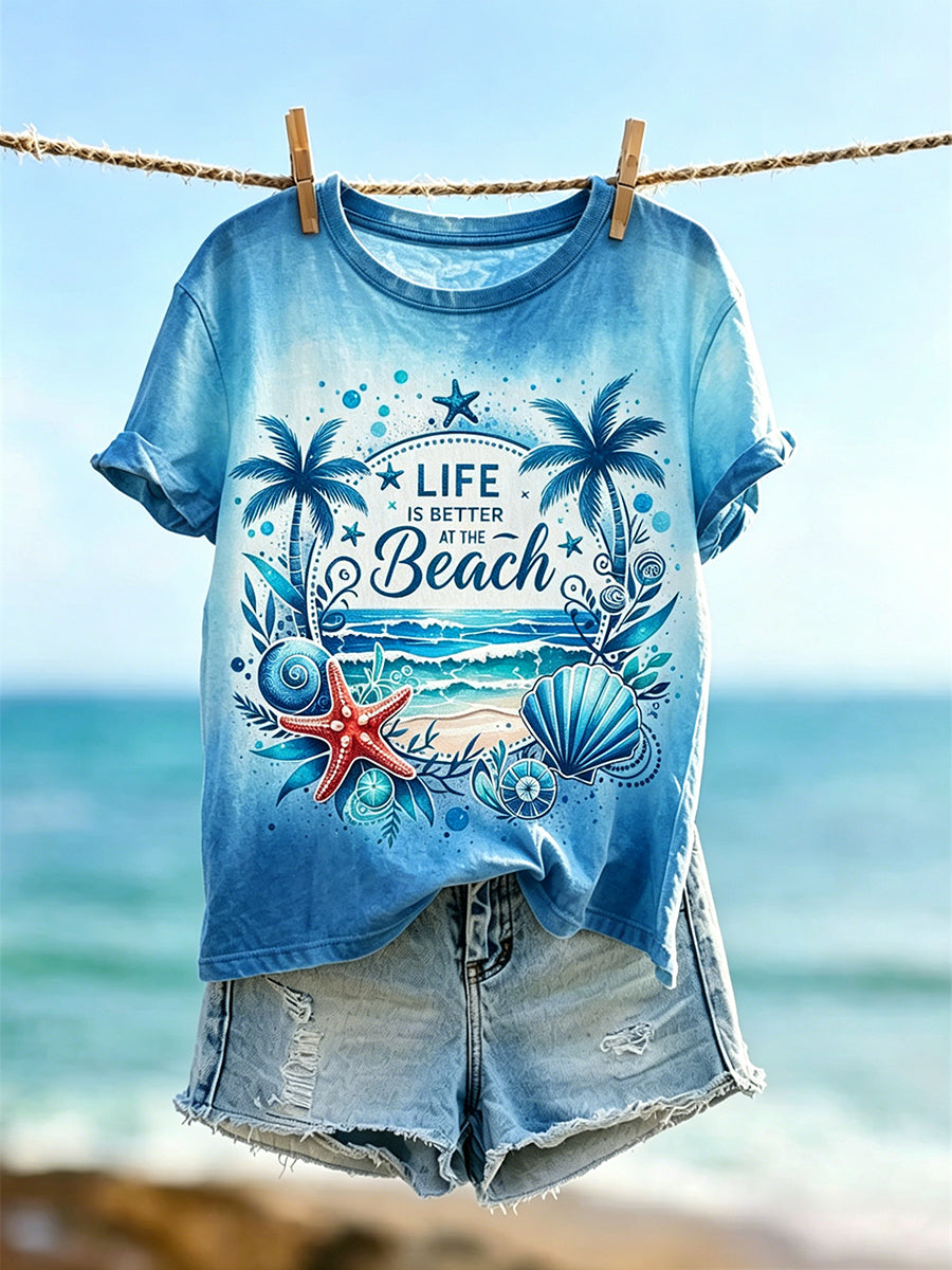 Faith Life Is Better At The Beach Print Camiseta de manga corta para mujer