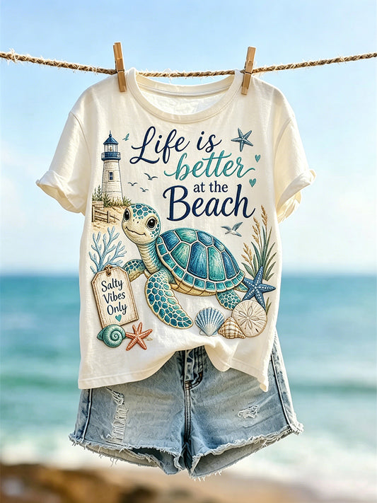 Camiseta de manga corta con estampado de fe Life Is Better At The Beach para mujer