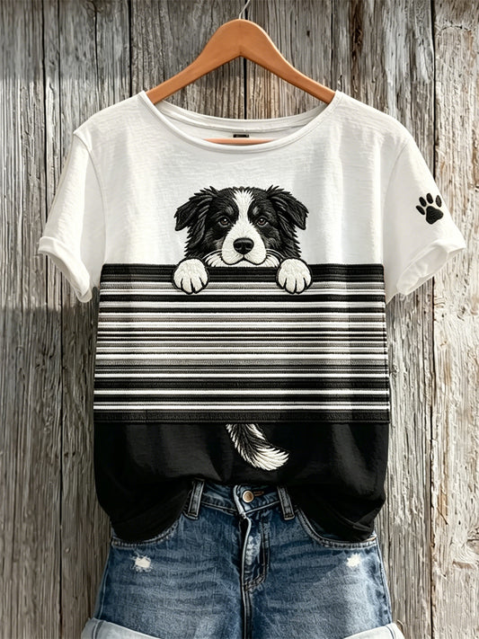 Peeking Border Collie Dog & Paw Print Colorblock Print camiseta de manga corta para mujer