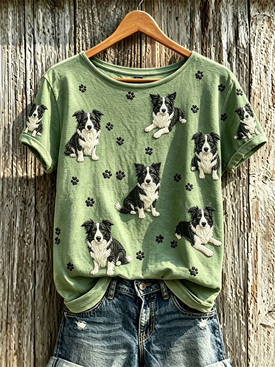 Border Collie de las mujeres Perros y Paw Prints Patrón Imprimir camiseta de manga corta