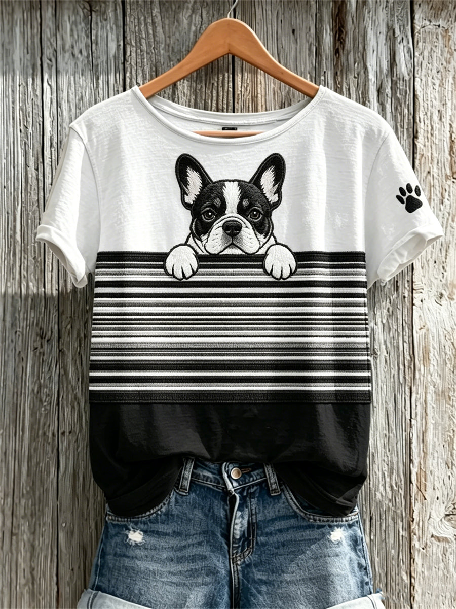 Camiseta de manga corta Peeking Bulldog & Paw Print Colorblock Print para mujer