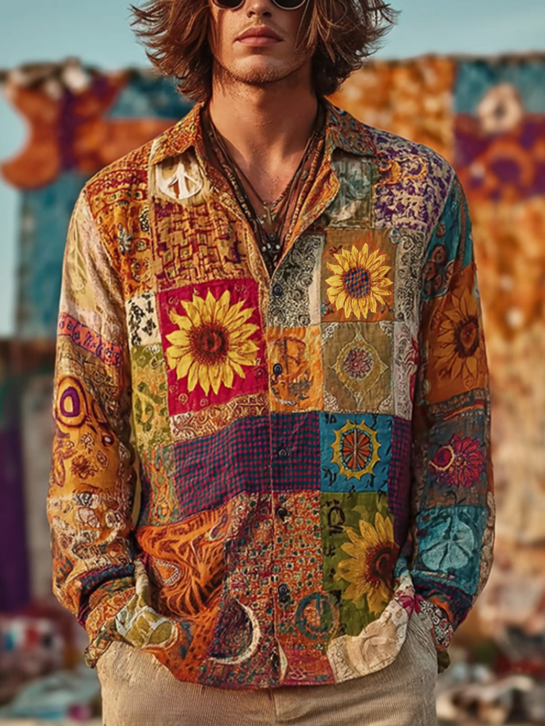 Patrón retro del estilo del hippie de los hombres impreso camisa de manga larga