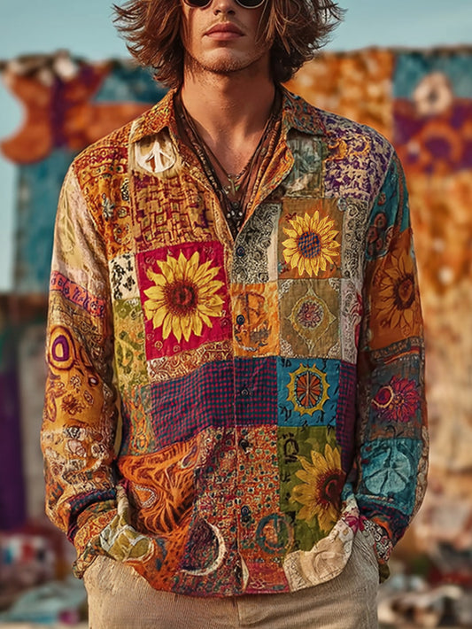 Patrón retro del estilo del hippie de los hombres impreso camisa de manga larga