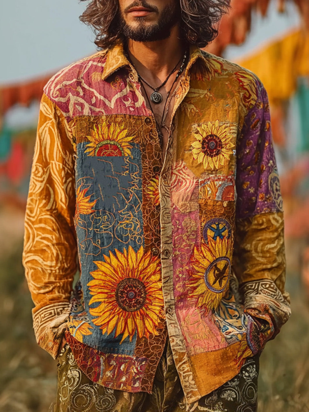 Camisa de manga larga para hombre con estampado retro de estilo hippie