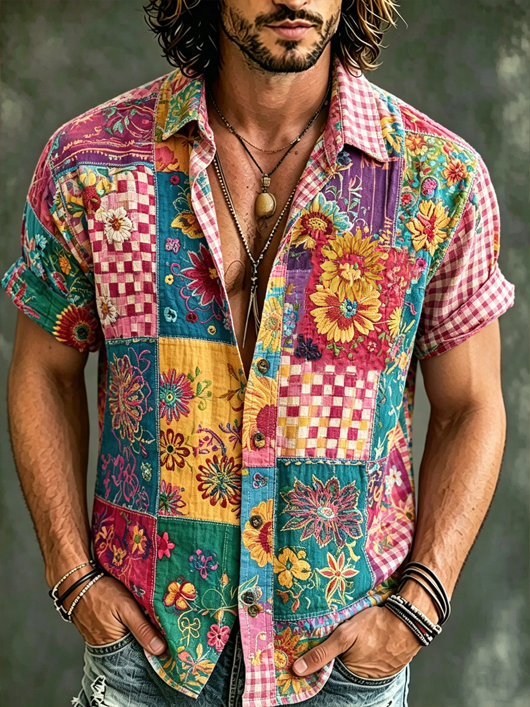 Hippie estilo retro patrón impreso camisa de manga corta de los hombres