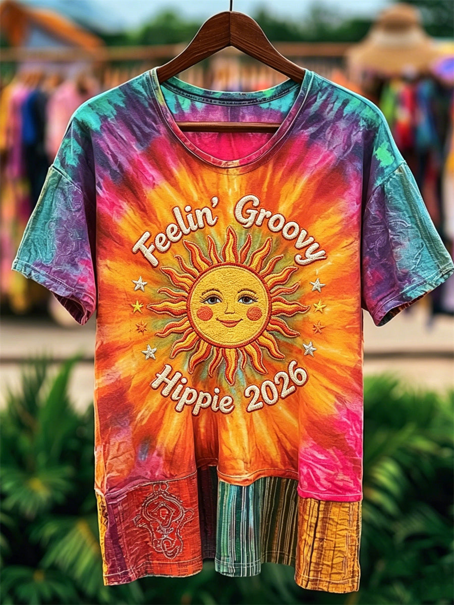 Unisex Feelin 'Groovy Hippie 2026 Tour Tie Dye Patchwork Imprimir manga corta camiseta