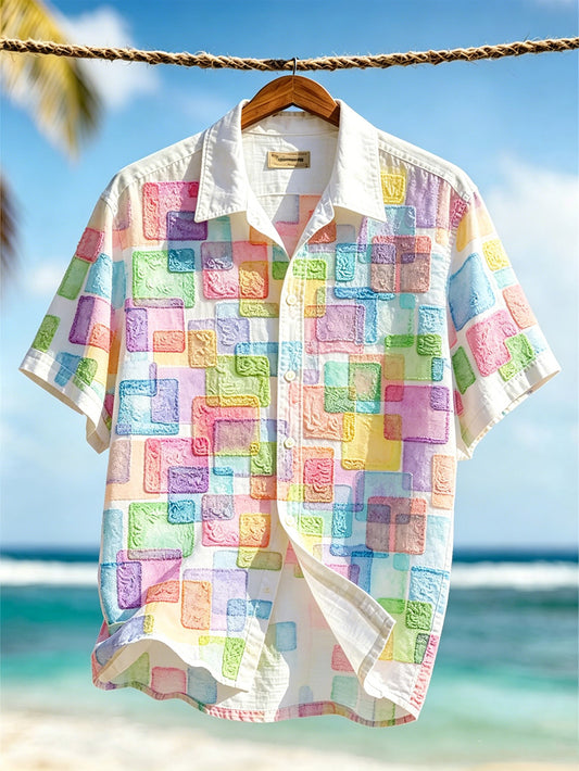 Camisa casual de manga corta para hombre, con estampado geométrico, estilo vacacional