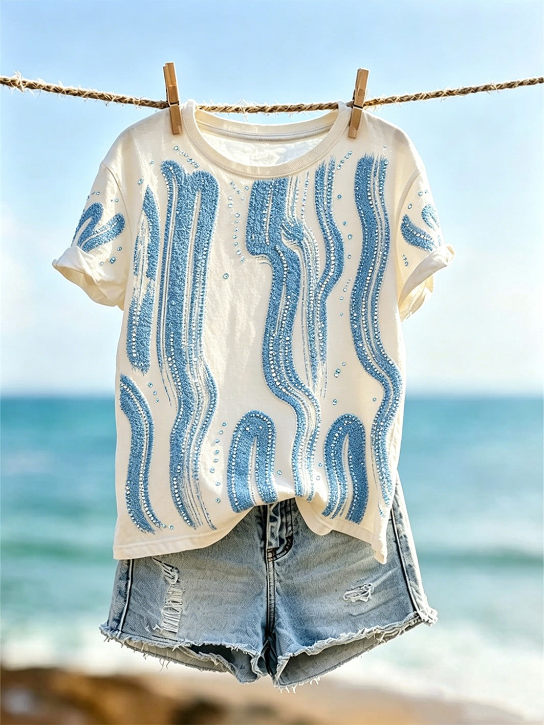 Camiseta de manga corta con estampado geométrico y diseño de líneas, estilo vacacional para mujer
