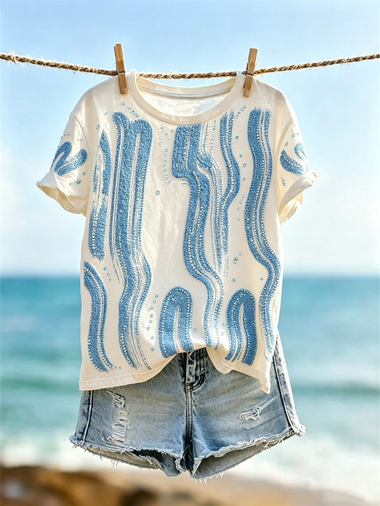 Camiseta de manga corta con estampado geométrico y diseño de líneas, estilo vacacional para mujer