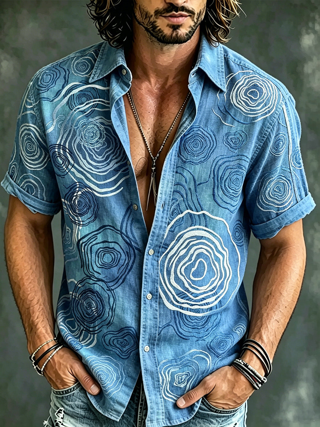 Patrón de ondulación del agua de los hombres impreso camisa casual de manga corta