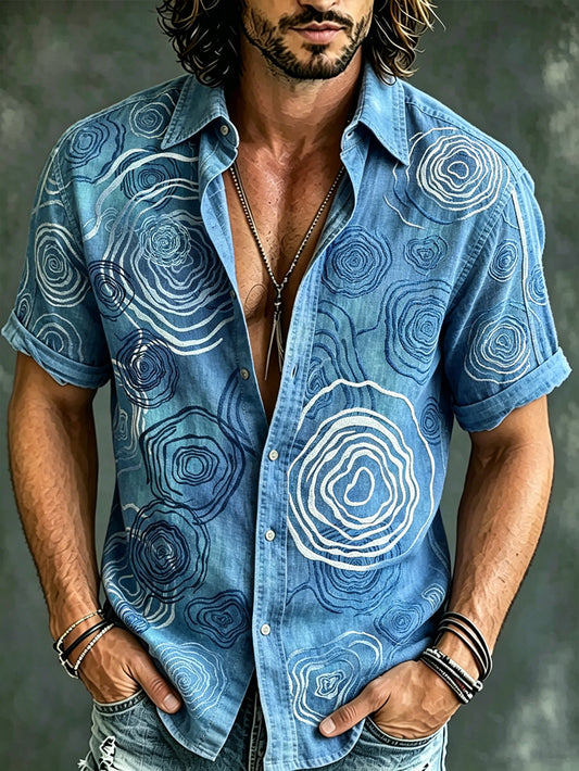 Patrón de ondulación del agua de los hombres impreso camisa casual de manga corta