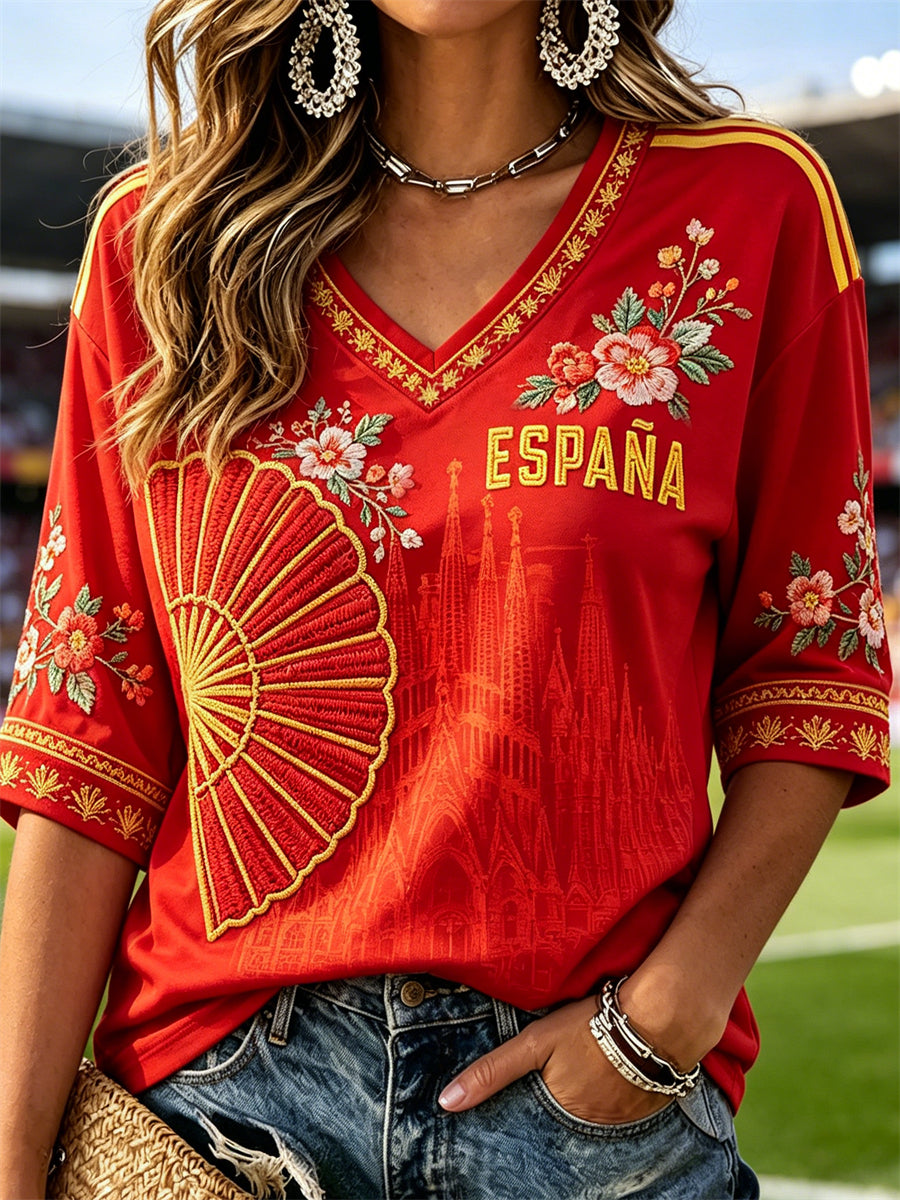 Camiseta de mujer con estampado artístico de abanico floral y castillo, manga media y cuello en V