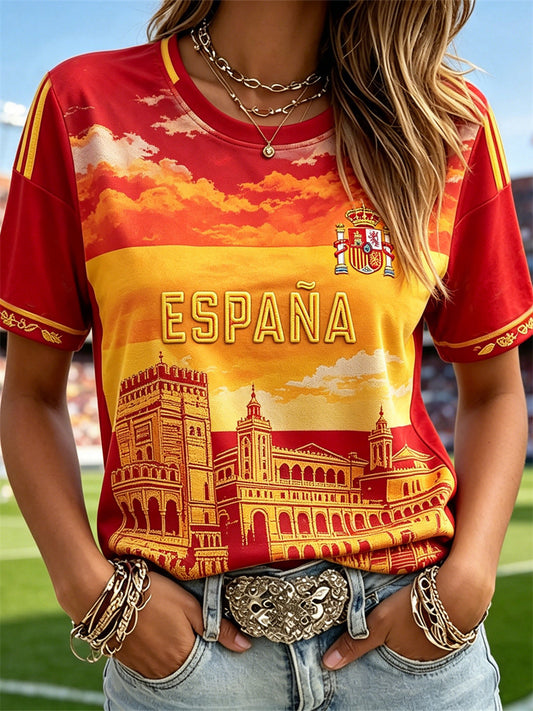 Camiseta de manga corta con estampado en bloques de colores al atardecer, inspirada en la bandera de España y un castillo, para mujer