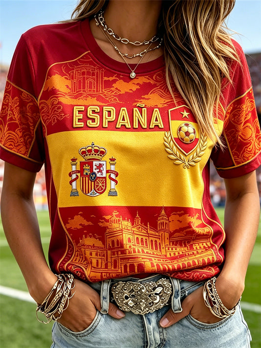 Camiseta de manga corta con estampado en bloques de colores de la bandera de España y un castillo, para mujer