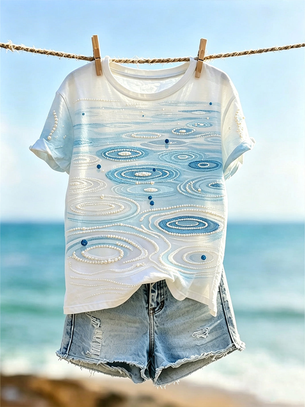 Camiseta de manga corta con estampado geométrico y diseño de líneas, estilo vacacional para mujer