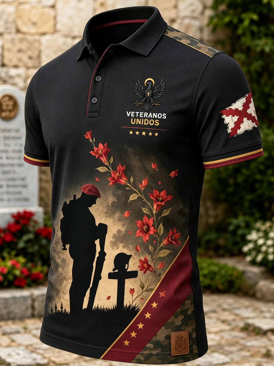 Camisa polo con estampado artístico conmemorativo para veteranos españoles, estilo masculino