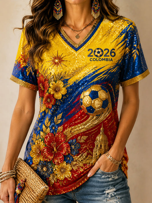 Camiseta con cuello en V Columbia Soccer Art Retro para mujer