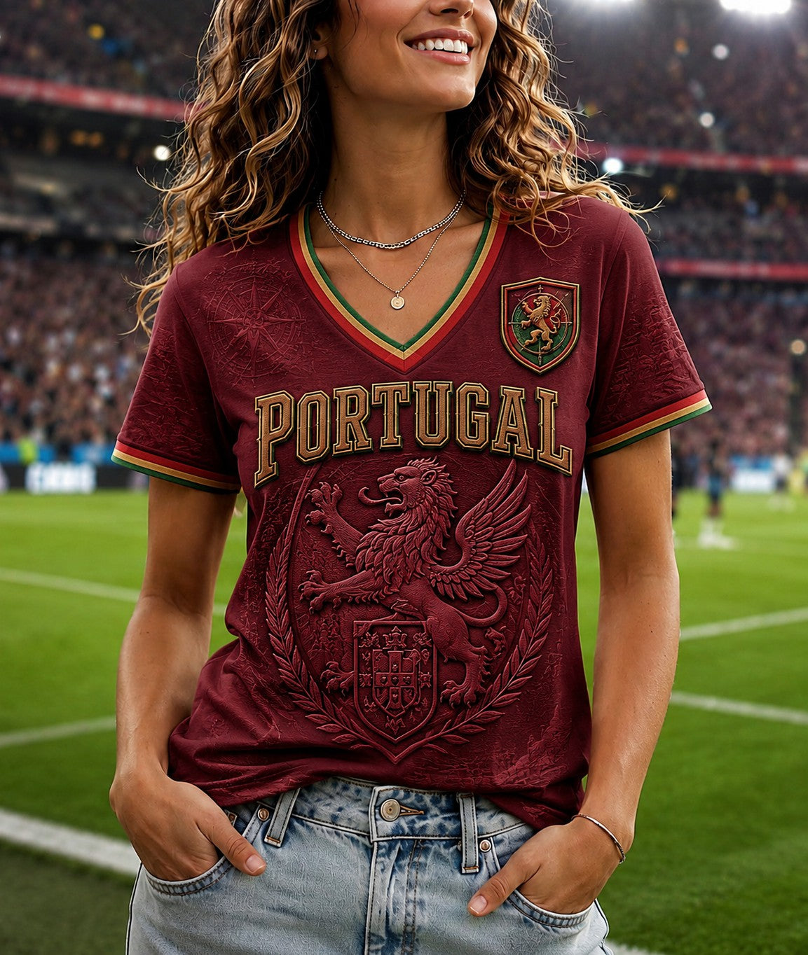 Camiseta de fútbol de Portugal para mujer, estampada y con cuello en V