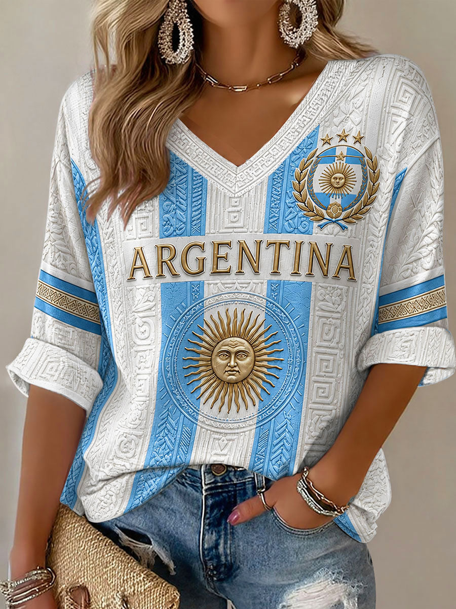 Camiseta con cuello en V y mangas medias de fútbol de Argentina para mujer