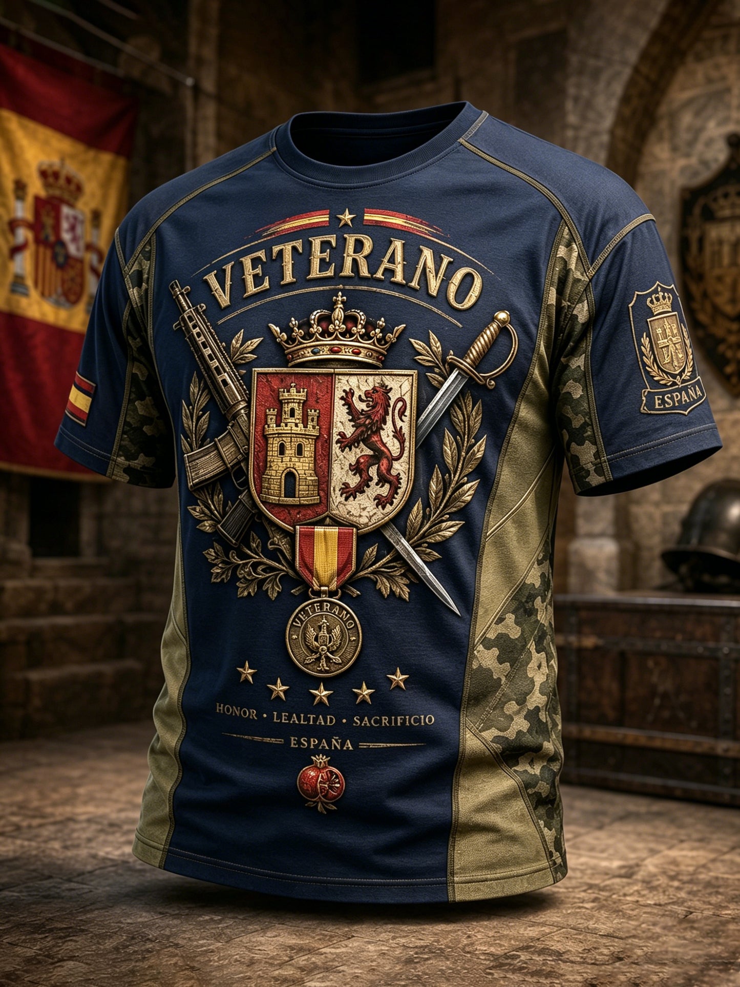 Camiseta estampada de arte para hombre con temática de veteranos españoles