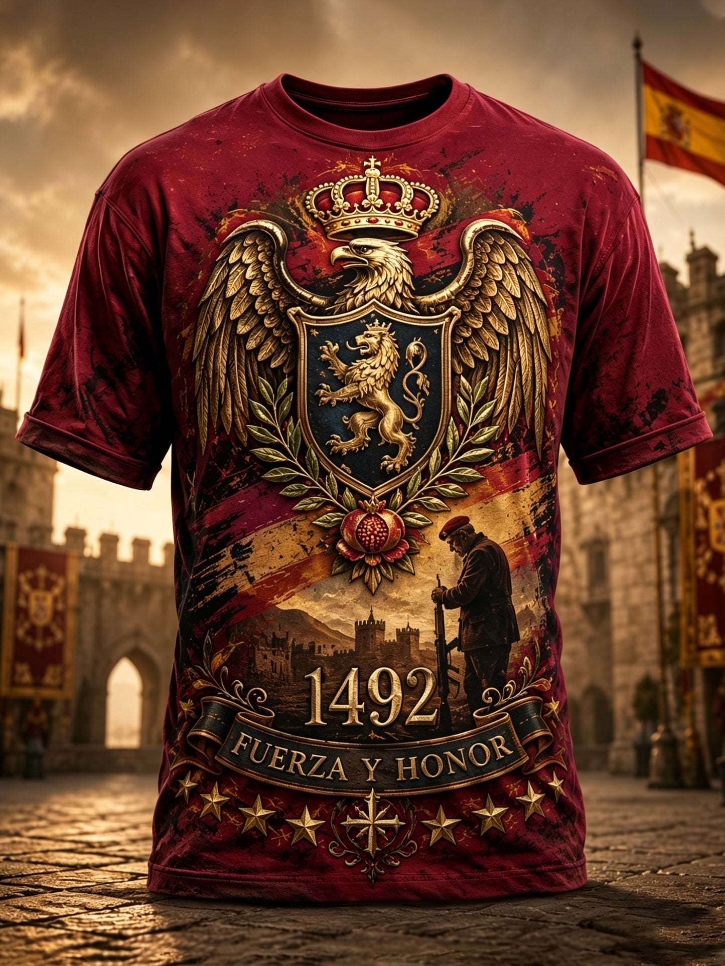 Camiseta estampada de arte para hombre con temática de veteranos españoles