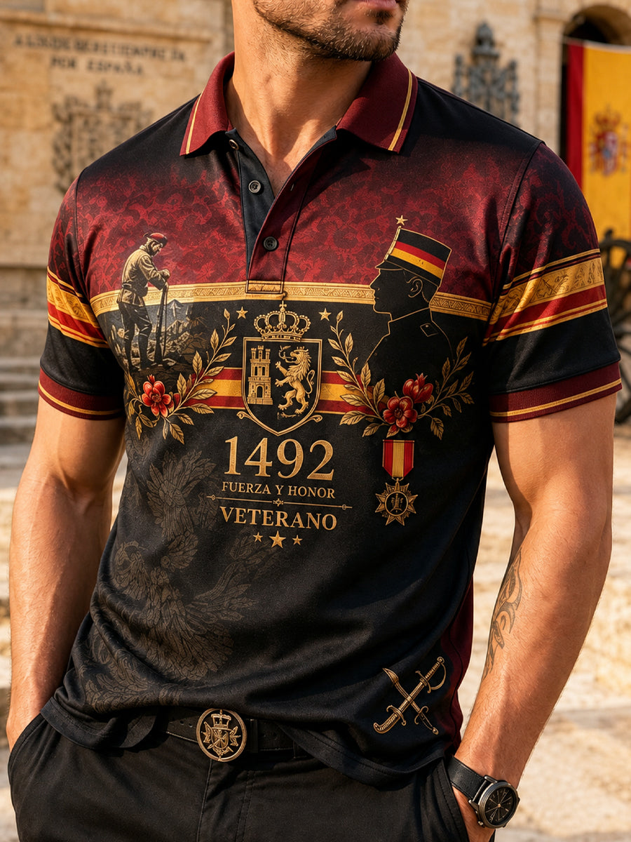 Camisa polo con estampado artístico para hombre, de temática veterana española