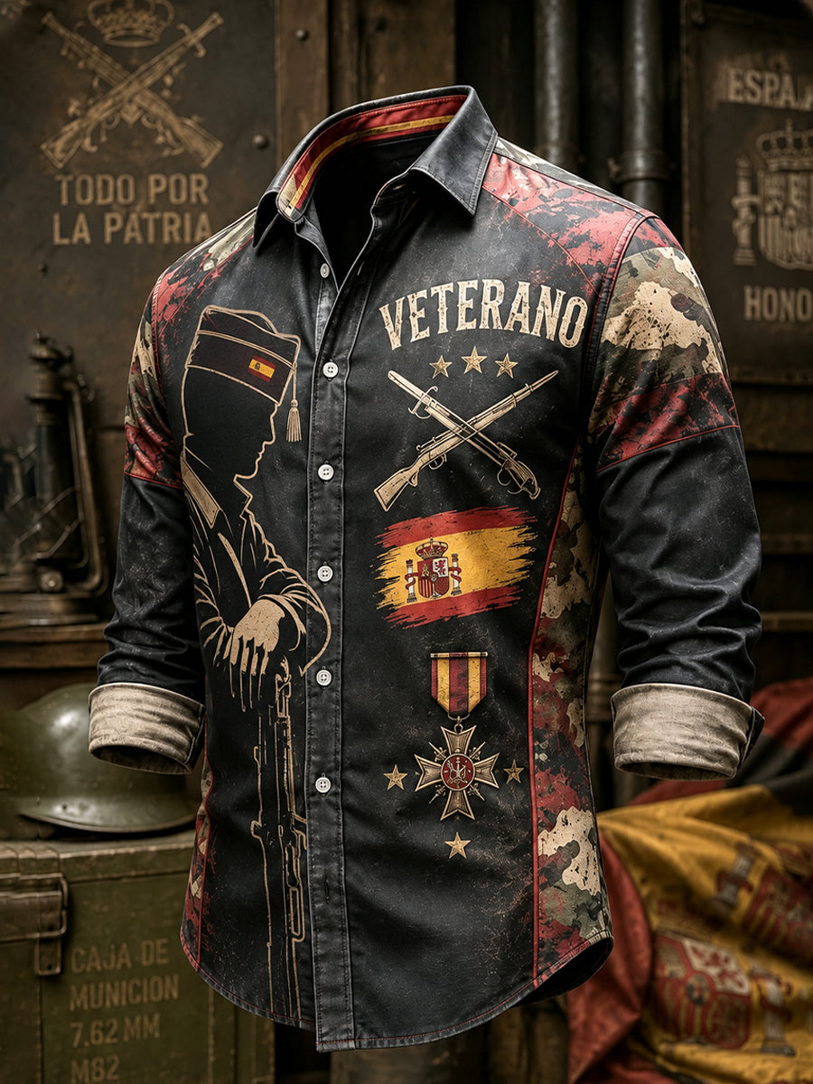 Camisa de manga larga con estampado artístico para hombre, de inspiración veterana española