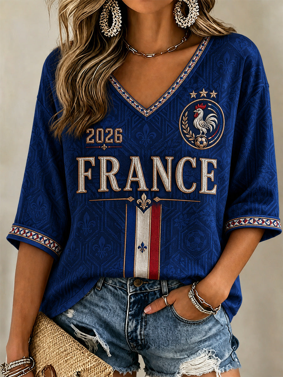 Regalo para mujeres aficionadas al fútbol: camiseta informal con estampado y cuello en V