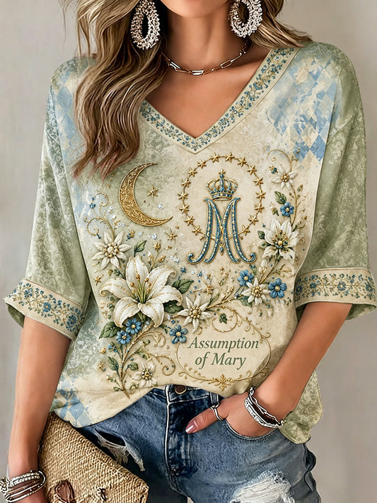 Camiseta de manga media y cuello en V para mujer, dedicada a la Asunción de María