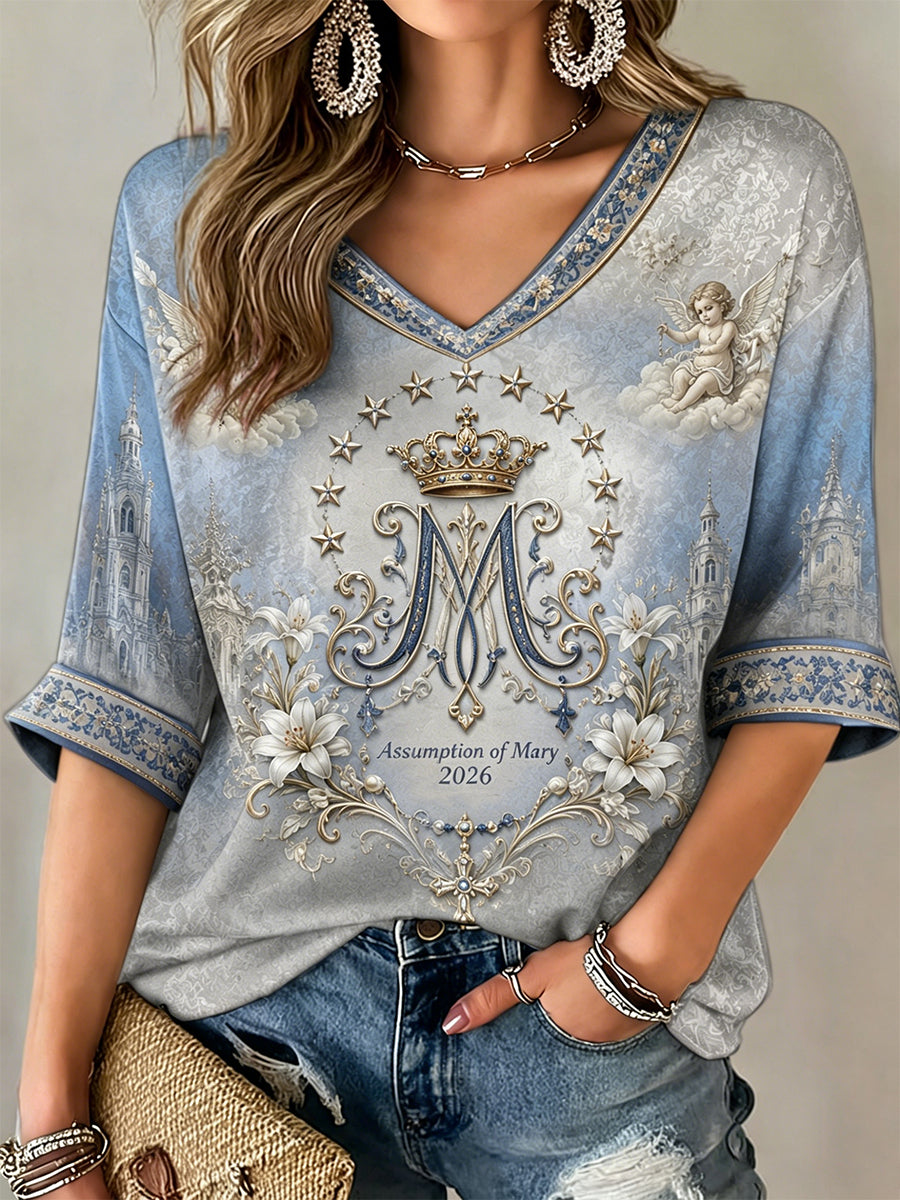 Camiseta de manga media y cuello en V para mujer, dedicada a la Asunción de María