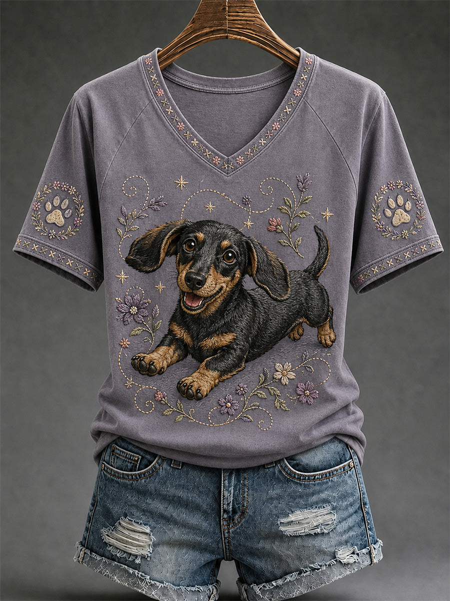 Camiseta casual de cuello en V con estampado retro de perros para mujer