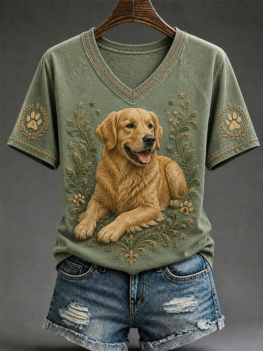 Camiseta casual de cuello en V con estampado retro de perros para mujer