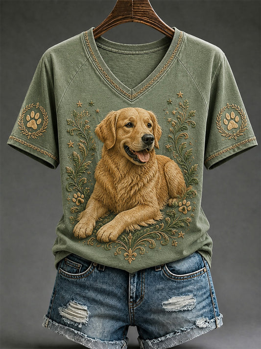 Camiseta casual de cuello en V con estampado retro de perros para mujer