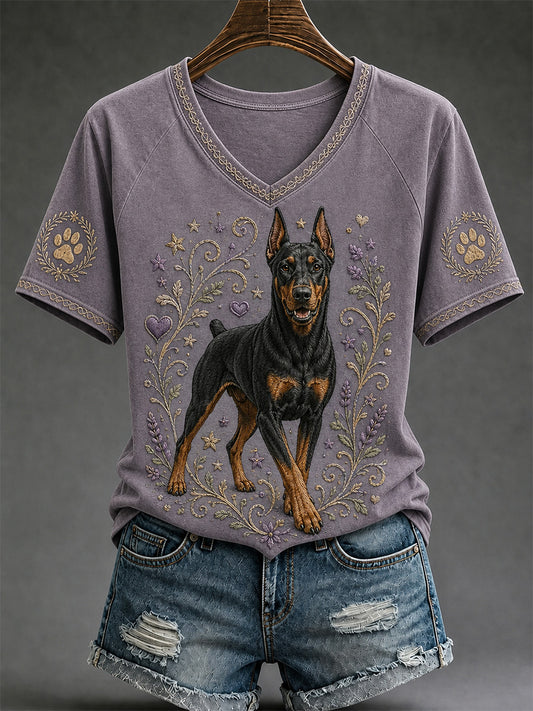 Camiseta casual de cuello en V con estampado retro de perros para mujer