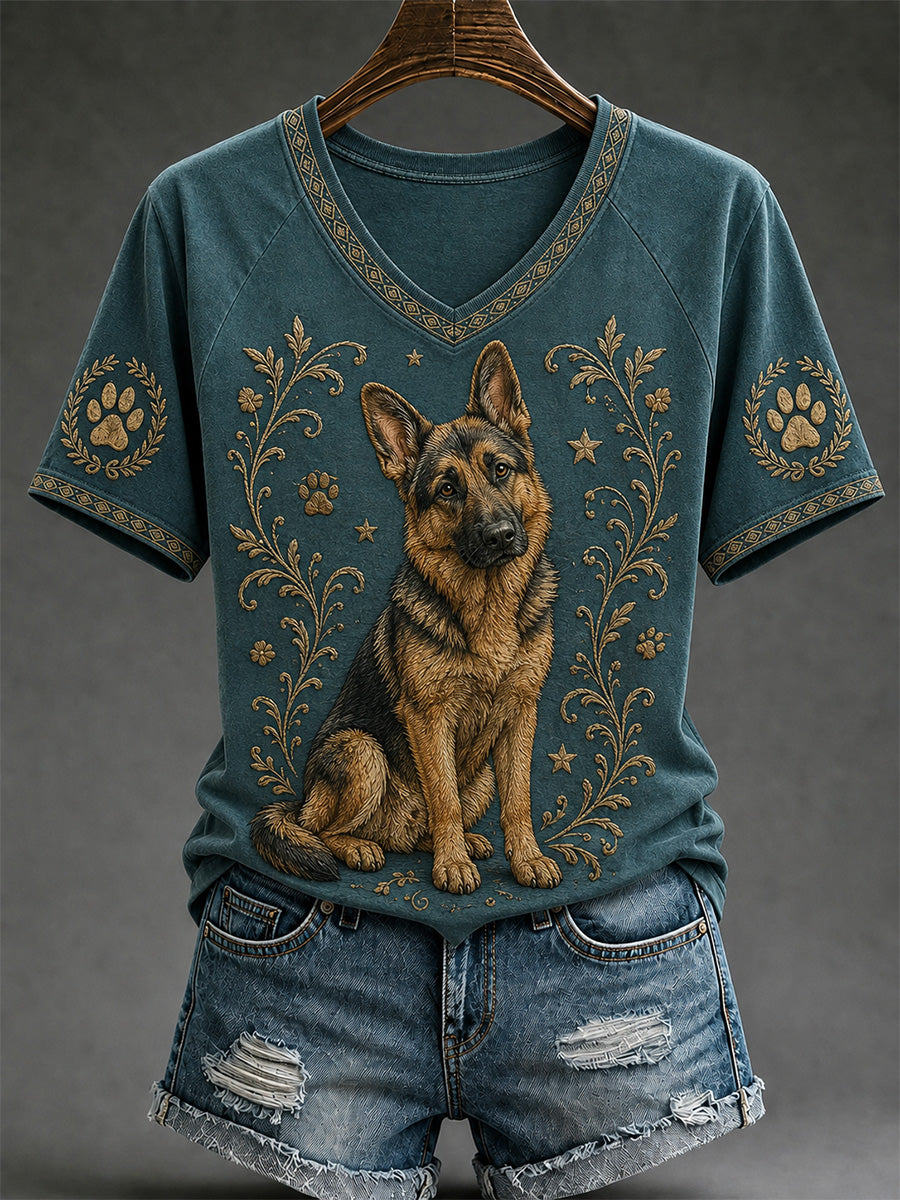 Camiseta casual de cuello en V con estampado retro de perros para mujer