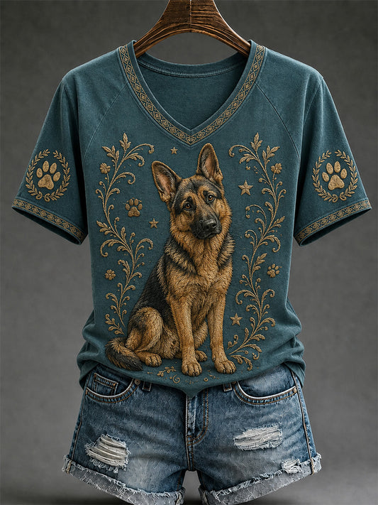 Camiseta casual de cuello en V con estampado retro de perros para mujer