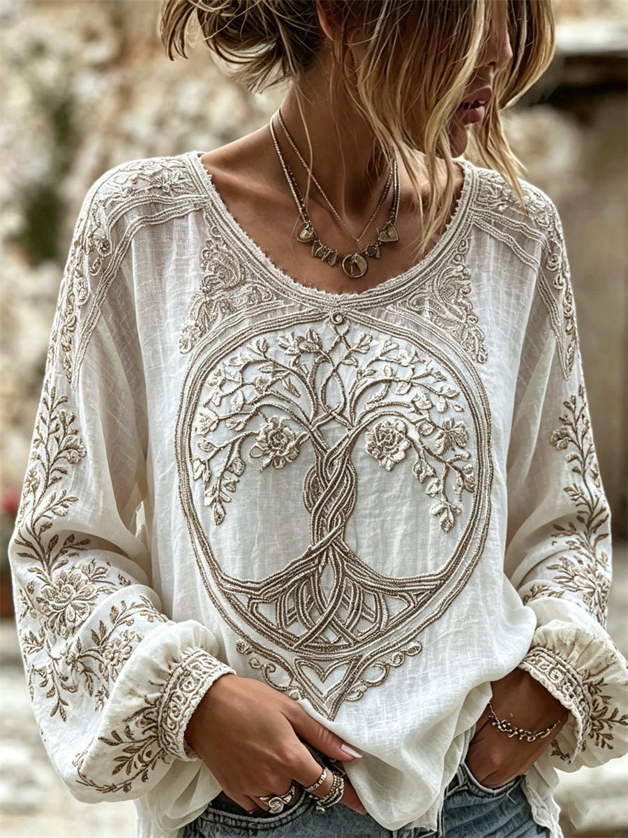 Camisa de lino de algodón con estampado de nudo celta Viking Tree of Life para mujer