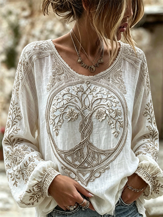 Camisa de lino de algodón con estampado de nudo celta Viking Tree of Life para mujer