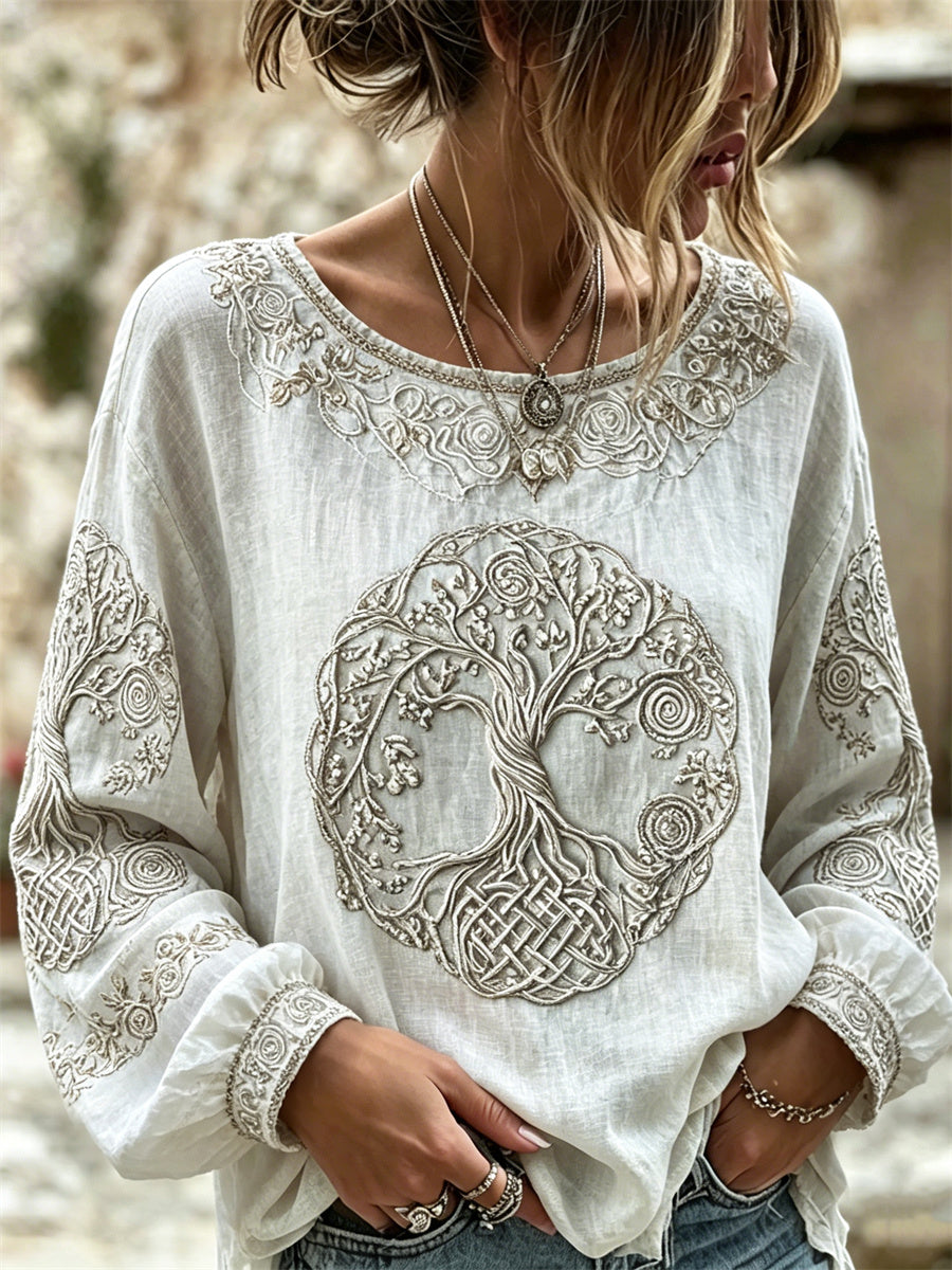 Camisa de algodón-lino para mujer, con estampado floral clásico del Árbol de la Vida vikingo y nudos celtas