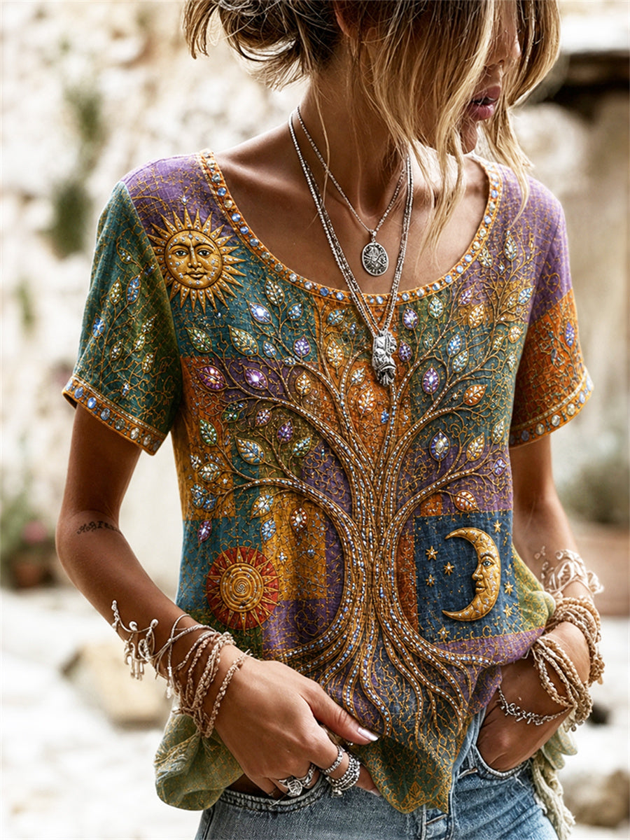 Camiseta de manga corta de lino con estampado colorblock de arte hippie de árbol vikingo de vida para mujer