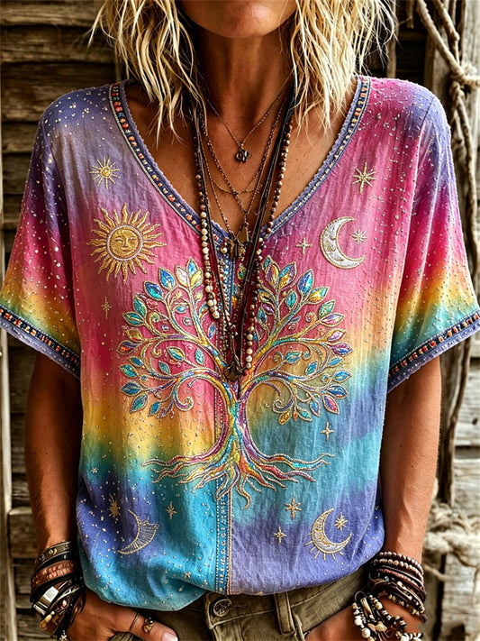 Camiseta de manga corta Viking Tree of Life Hippie Art Print Gradient Color para mujer