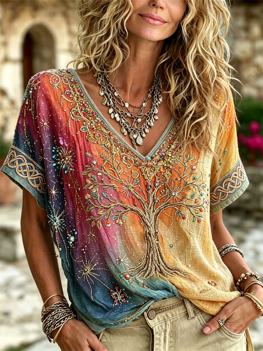 Camiseta de lino de manga corta para mujer con estampado hippie del Árbol de la Vida vikingo y degradado de colores