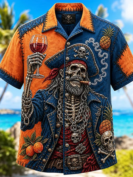 Hombres cráneo pirata capitán vacaciones beber arte impresión camisa