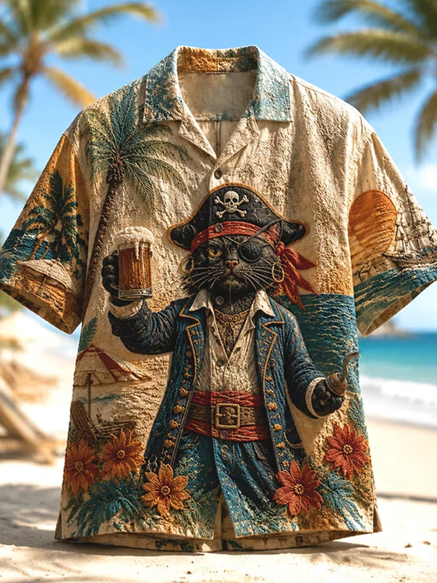 Hombres cráneo pirata gato capitán vacaciones beber arte impresión camisa