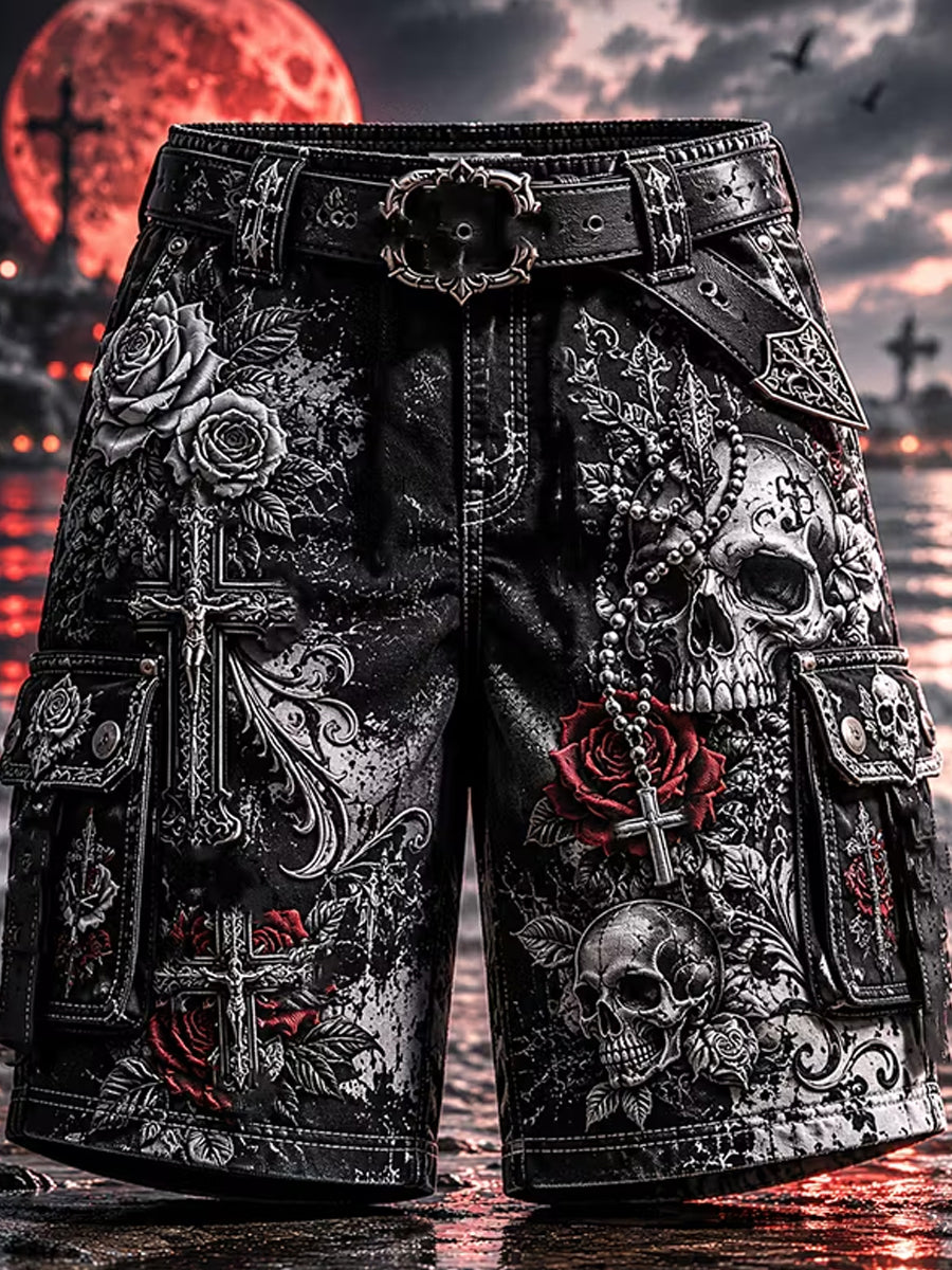 Gothic Skull Red Rose Cross Art Print Casual Pantalones cortos de los hombres