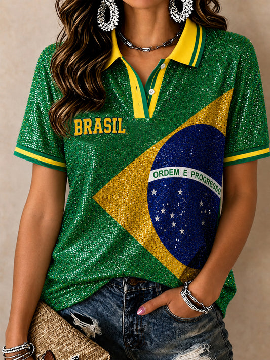 Top de manga corta con estampado de arte de regalo de fan de fútbol de Brasil para mujer
